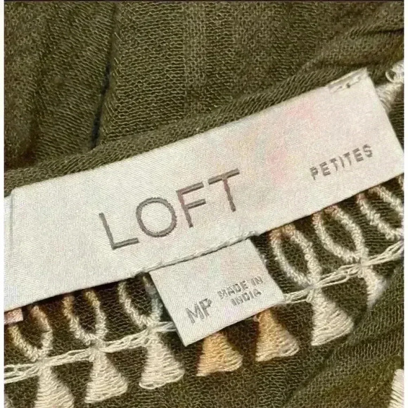 LOFT Women's Petite Medium Olive Green Embroidered Peplum Blouse - Picture 4 of 5